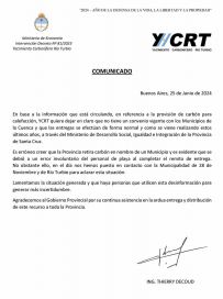 Desde YCRT aclararon qué pasó con el carbón en 28 de Noviembre