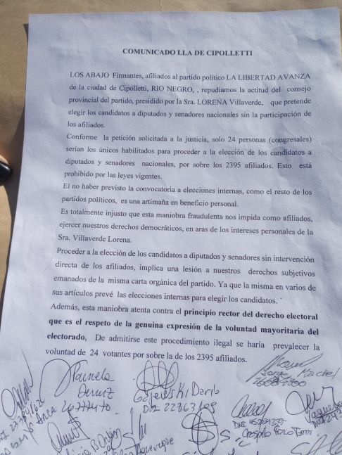 Afiliados de Cipolletti apuntaron contra la conducción de LLA por excluirlos de la elección de candidatos