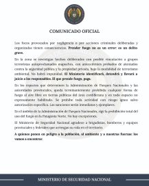 El ministerio de Seguridad advirtió que juzgará a los responsables de los incendios