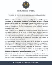 El ministerio de Seguridad advirtió que juzgará a los responsables de los incendios