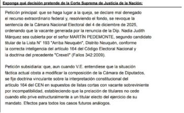 Disputa por una banca neuquina en Diputados llegó a la Corte Suprema