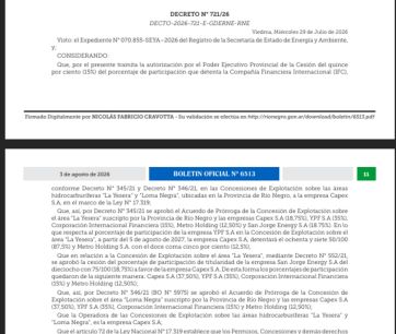 Provincia oficializó la cesión del 15% de participación en  La Yesera y Loma Negra