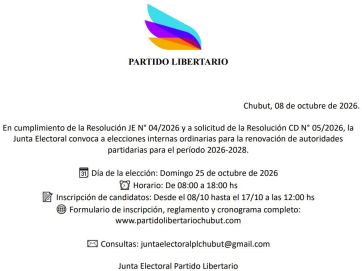 El Partido Libertario de Chubut definirá su conducción en las urnas el 25 de octubre