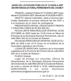 Chubut sale a licitar los materiales necesarios para las elecciones del 2027