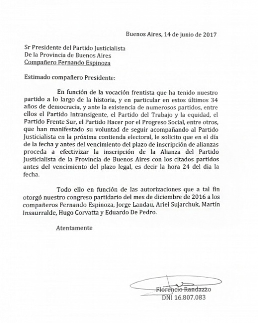 Randazzo ya tiene su frente electoral con el PJ como columna vertebral