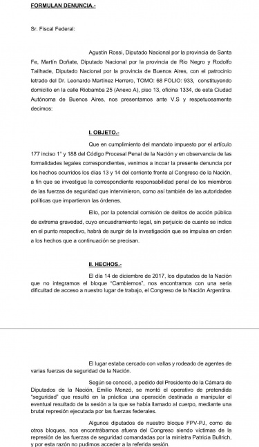 Diputados denunciaron penamente a Bullrich y Macri por la represión