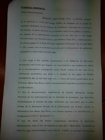 Conde efectuó una denuncia penal por los polémicos gastos reservados