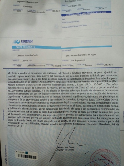 Conde envió carta documento al IPA por la situación del agua en Comodoro