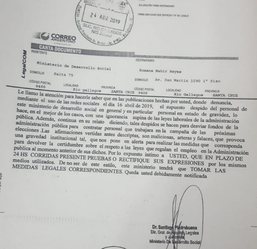 Carta documento para la diputada Reyes