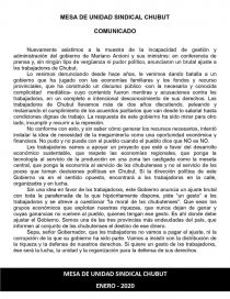 Duro comunicado de la Mesa de Unidad Sindical contra Arcioni