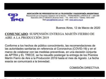 Aptra y El Trece postergan la entrega de premios Martín Fierro 2020