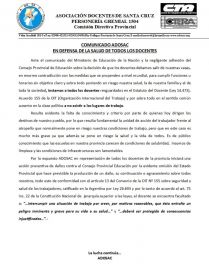 ADOSAC impulsa acción colectiva e insta a los docentes a no concurrir a trabajar