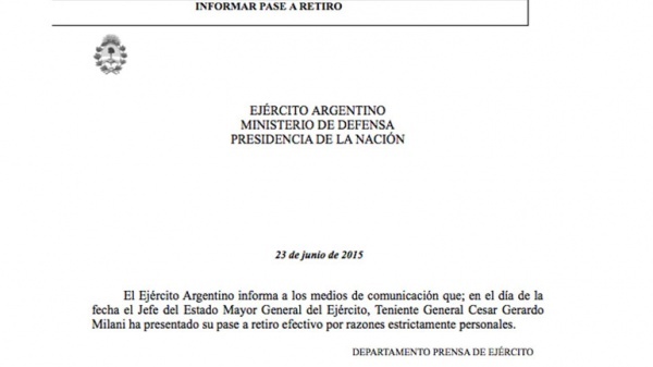 El general Milani presentó su pase a retiro