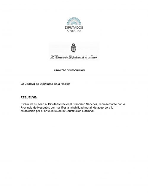 Ingresó a Diputados el proyecto para pedir la expulsión del Francisco Sánchez