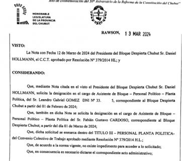 Revuelo por la designación de dos asesores peronistas en el bloque Despierta Chubut
